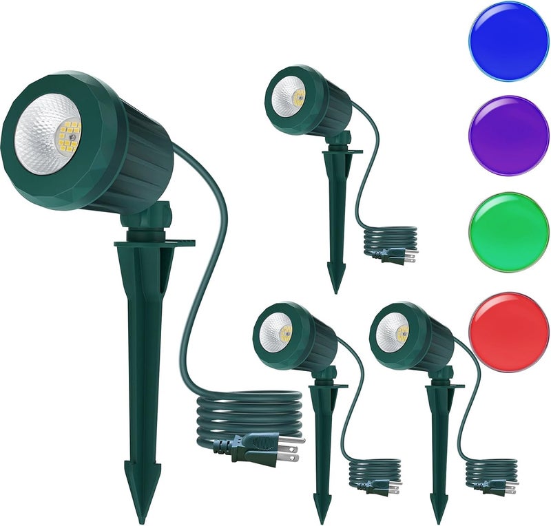 Holeva Spotlight Outdoor – 120V Plug-In, 6500K Cool White LED Landscape Lighting with RGB Purple 4 Color Lenses for Yard, Garden, Lawn & Tree Decor on Holidays&Everyday, IP67 Waterproof (4 Pack,Green) - Image 1